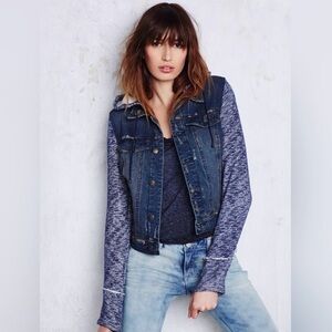 free people Women's Hooded Denim Jacket with Heathered Knit Blue Sleeves